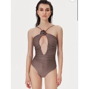 NOIRE SWIMWEAR Plum Flower Ruched One Piece size large brand new